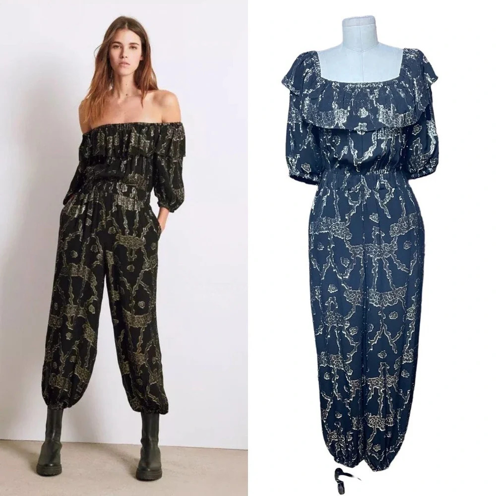 ba&sh Dulcine Off the Shoulder Jumpsuit Black Metallic‎ Gold Size XS